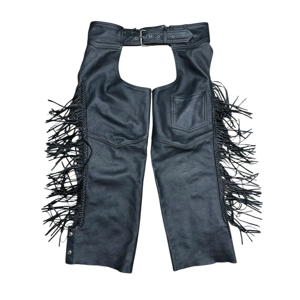 Hudson Leather Motorcycle Chaps – Fringe – Womens M Black Genuine Leather